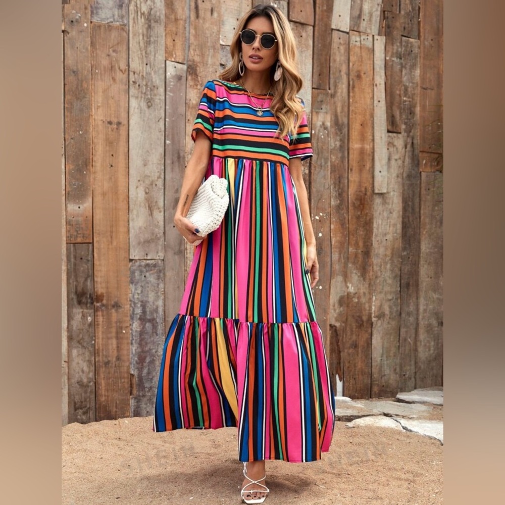 SHEIN VCAY Striped Ruffle Hem Babydoll Dress